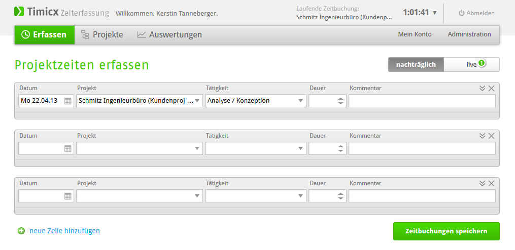 Projektzeiterfassung mit Timicx: Stunden erfassen